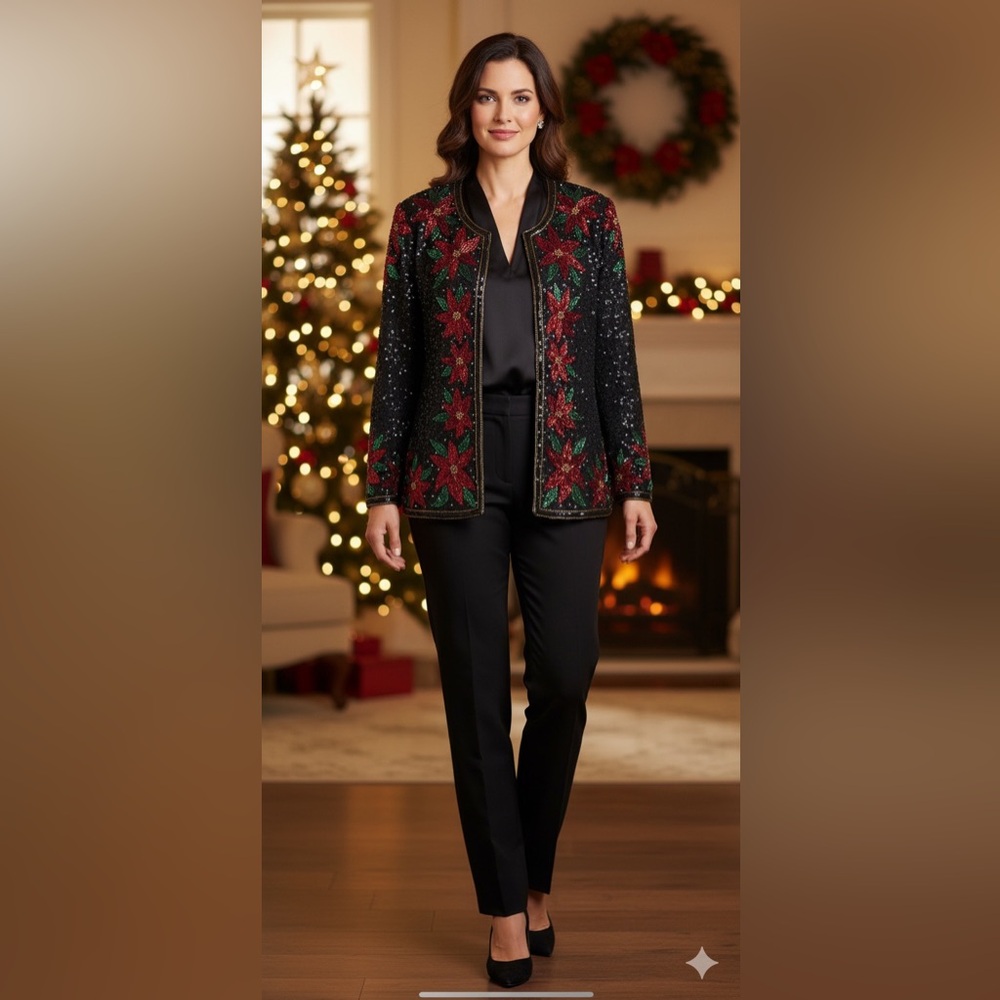 Laurence Kazar 2x Silk Sequin Beaded Poinsettia Christmas Holiday Glam Jacket‎